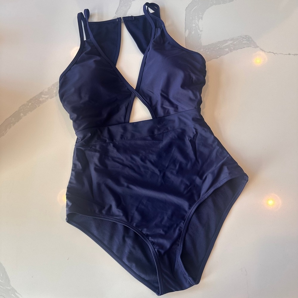 Marilyn Monroe Navy Blue High Neck Cutout One Piece Swimsuit Size M